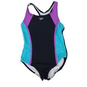 Speedo Girls One Piece Swimsuit Large Colorblock Black Blue Purple Bathing Suit
